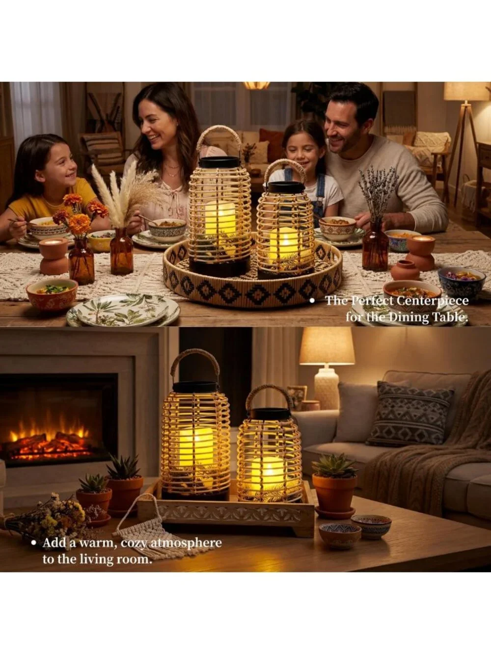 Handwoven Rattan Lantern Set with Straw Handle, Boho Chic Decor for Patio & Home